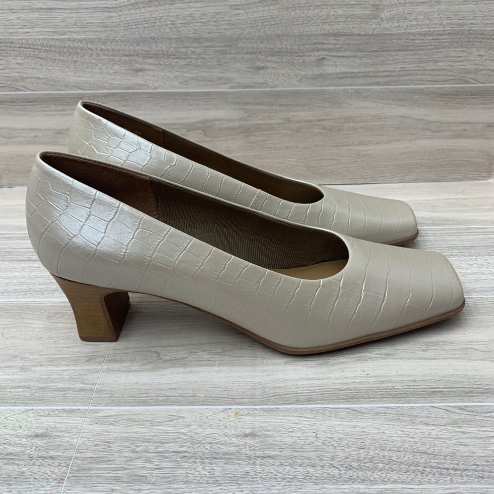 LifeStride‎ Cream Croco Leather Square Toe Block Heel Pumps Mens 9M 90s Y2K